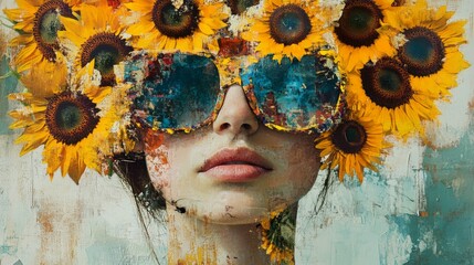 Artistic portrait of a woman, her eyes concealed by sunflowers, abstract and colorful collage