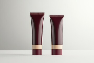 Two package beauty cosmetic tubes, burgundy cream beige isolated mockup template