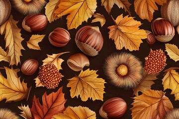 Seamless pattern, chestnut and autumn leaves background, repeating pattern. Autumn concept