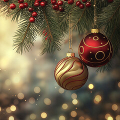 Wall Mural - christmas decoration. hanging gold balls on pine branches christmas tree garland and ornaments over 