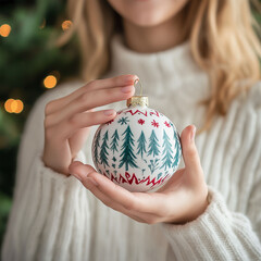 Wall Mural - a woman holds a beautiful painted christmas tree ball, preparing to create festive decorations.