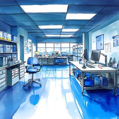 Poster - Watercolor illustration of a modern office interior.