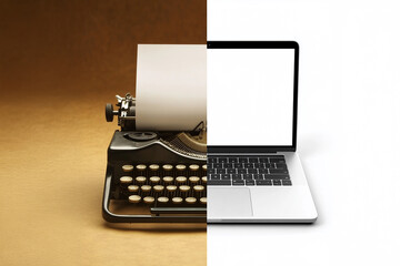 old vs new technology. modern computer and typewriter