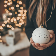 Wall Mural - a woman holds a beautiful painted christmas tree ball, preparing to create festive decorations.