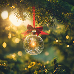 Wall Mural - elegant clear glass christmas ornament hanging from a green pine branch, with warm bokeh lights in t