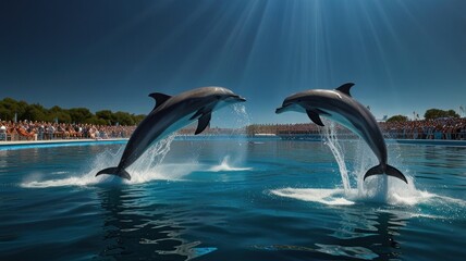 Two dolphins leap from the water in a synchronized jump against a bright blue sky, with a crowd of people watching.