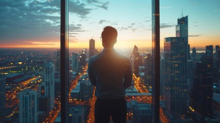 A corporate executive gazes at the city skyline, dreaming of new business ventures and future success. Copy space