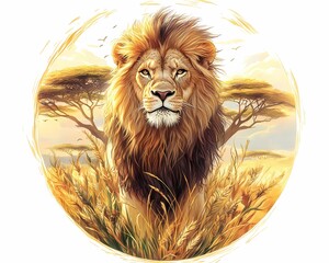 African Lion Encircled by a Warm Savannah Landscape