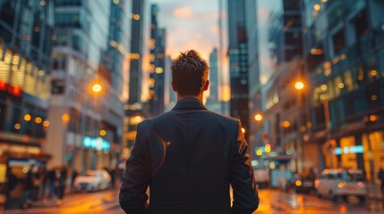 A corporate executive gazes at the city skyline, dreaming of new business ventures and future success. Copy space