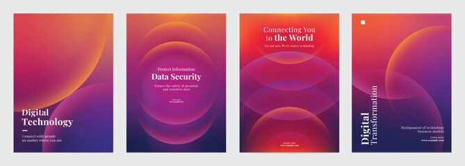 Wall Mural - Four tech-themed posters showcasing innovative technology, data analytics, and digital transformation. Set of poster purple gradient template poster. Technology poster template vector set.