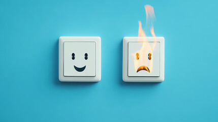 two electrical outlets with smiley and sad faces, one on fire, generative ai