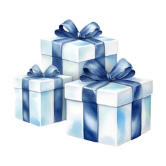 Wall Mural - three blue gift box with ribbon watercolor isolated on transparent background cutout