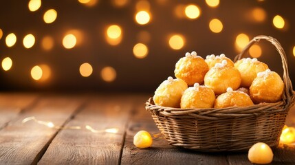 Wall Mural - Rustic Basket of Golden Chouquettes