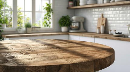 Bright kitchen with a round wooden table, ideal for product displays or food photography