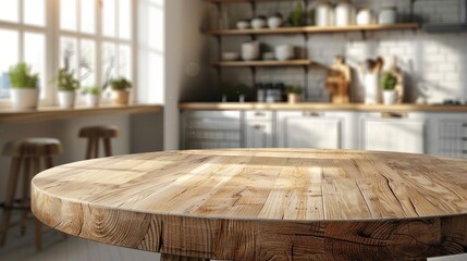 Bright kitchen with a round wooden table, ideal for product displays or food photography