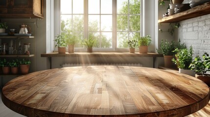 Bright kitchen with a round wooden table, ideal for product displays or food photography