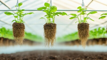 Description:** Hanging plants with visible roots thrive in a greenhouse, showcasing hydroponic growth techniques in lush surroundings.