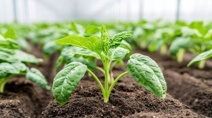 A green spinach sapling emerges from rich soil in a vibrant greenhouse, showcasing healthy growth amid rows of lush plants.