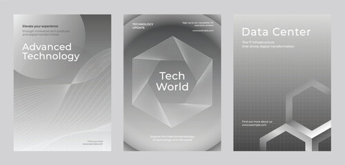 Set of three technology-themed posters. Advanced technology, tech world, and data center concepts. Modern design with geometric patterns and grayscale tones. Advanced technology gray template vector.