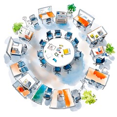 Poster - Watercolor Illustration of an Office Space with a Round Table and Individual Workstations.