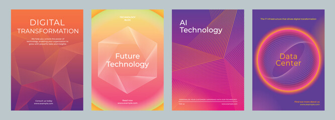 Wall Mural - Set of four technology posters featuring digital transformation, future technology, AI technology, and data centers with geometric designs. Digital transformation, colorful poster template vector set.