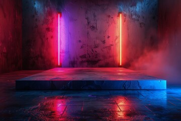 Wall Mural - Red and Blue Neon Lights Illuminate a Grungy Concrete Room