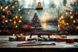 © eshana_blue - Painting depicting a christmas tree at sunset displayed on a wooden easel and surrounded by wrapped gift boxes and paint brushes on a table