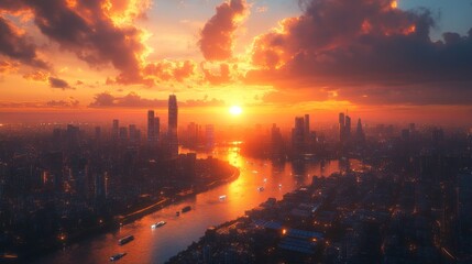 Poster - A vibrant sunset illuminates the city skyline, casting rich colors across the sky while the river reflects the warm hues of the evening. The atmosphere is serene yet lively.