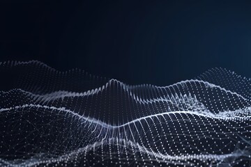 A dynamic digital landscape with flowing, wavy patterns made up of interconnected dots.