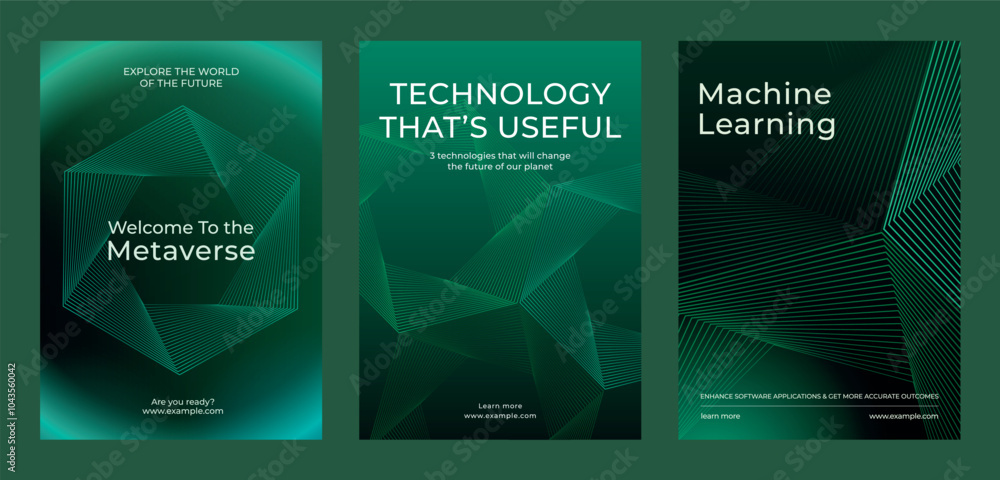 Three green tech posters featurings of metaverse, technology, and ...
