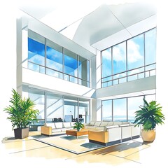 Canvas Print - Modern Living Room Interior with Watercolor Style.