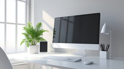 Sticker - A modern workspace featuring a computer, smartphone, and a plant by the window.