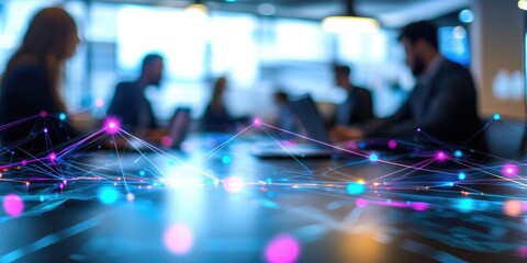 Wall Mural - A blurred background of a business meeting highlights colorful lines connecting various tech devices, emphasizing digital communication.