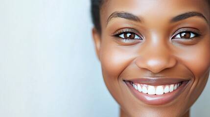 Wall Mural - Close-up of young black woman with bright smile eyes sparkling with joy copy space diversity inclusion