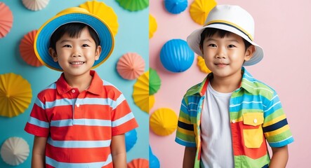 southeast asian kid boy summer vacation bright background wearing fashion portrait