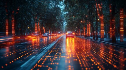 Aufkleber - A rain-soaked street reflects bright lights from trees lining the road, creating a stunning visual effect as cars pass through the tranquil atmosphere during twilight.