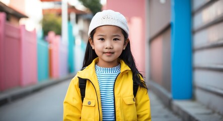 southeast asian kid girl urban streetwear bright background wearing fashion portrait