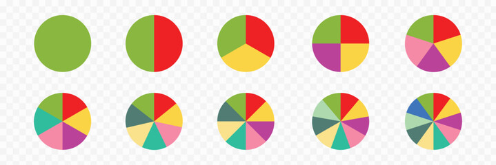 Pie chart infographic set. Circle diagram collection with sections or parts. Segmented circle icons for infographic, data analysis, web design, ui or presentation. Vector illustration.