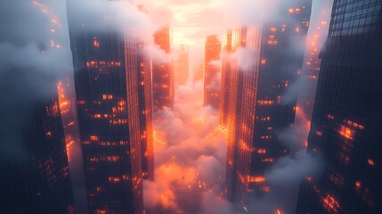 Wall Mural - Aerial View of Futuristic Cityscape with Fiery Atmosphere