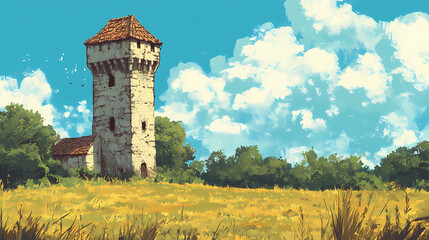 An illustration of a weathered medieval tower isolated in a field. Sky Fortress. Illustration