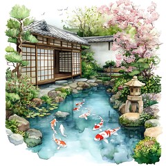 Wall Mural - Watercolor illustration of a traditional Japanese garden with koi fish pond and a wooden house.