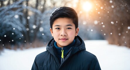 southeast asian teen boy winter outdoor bright background wearing fashion portrait