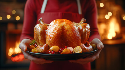 Hands holding roasted turkey or chiken in pomegranate sauce with rosemary, cozy fireplace in the background. Holiday celebration dinner Christmas or Thanksgiving.