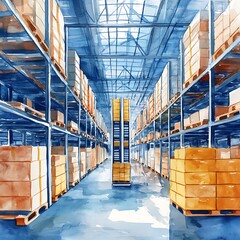 Poster - Watercolor Painting of a Warehouse Interior with Boxes on Shelves.