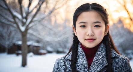 southeast asian teen girl winter outdoor bright background wearing fashion portrait