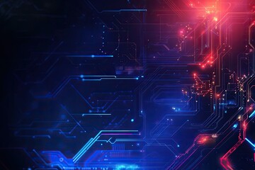 Wall Mural - futuristic digital background with blue and red neon lights and intricate circuitry patterns for tec