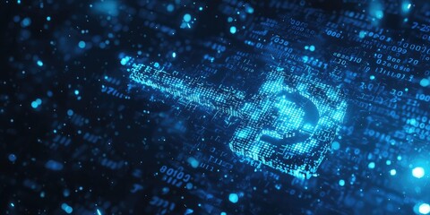 A digital encryption key floats in cyberspace against a binary code background, symbolizing cyber protection in blue tones.