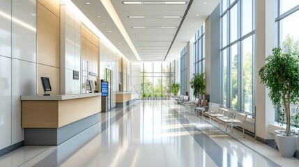 Sticker - Modern hospital lobby with large windows, seating, and reception area.