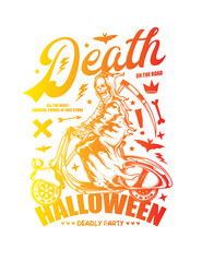 Wall Mural - Death on a Scooter. Halloween Poster. Original vector illustration in vintage style. T-shirt design.