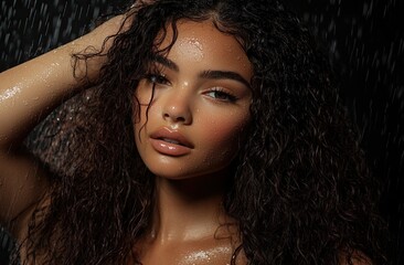 A beautiful woman with long, curly hair poses for the camera, her hand holding up one of her wavy curls. 